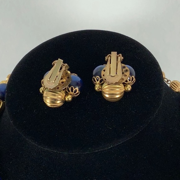 Vintage Bead Necklace Sapphire Blue Moon Glow and Gold - Clip Cluster Earrings - Picture 4 of 14